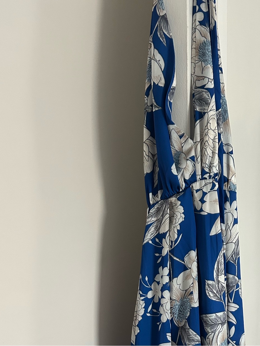 Blue Floral Silky Maxi Dress with White Bloom Print. Halter Design